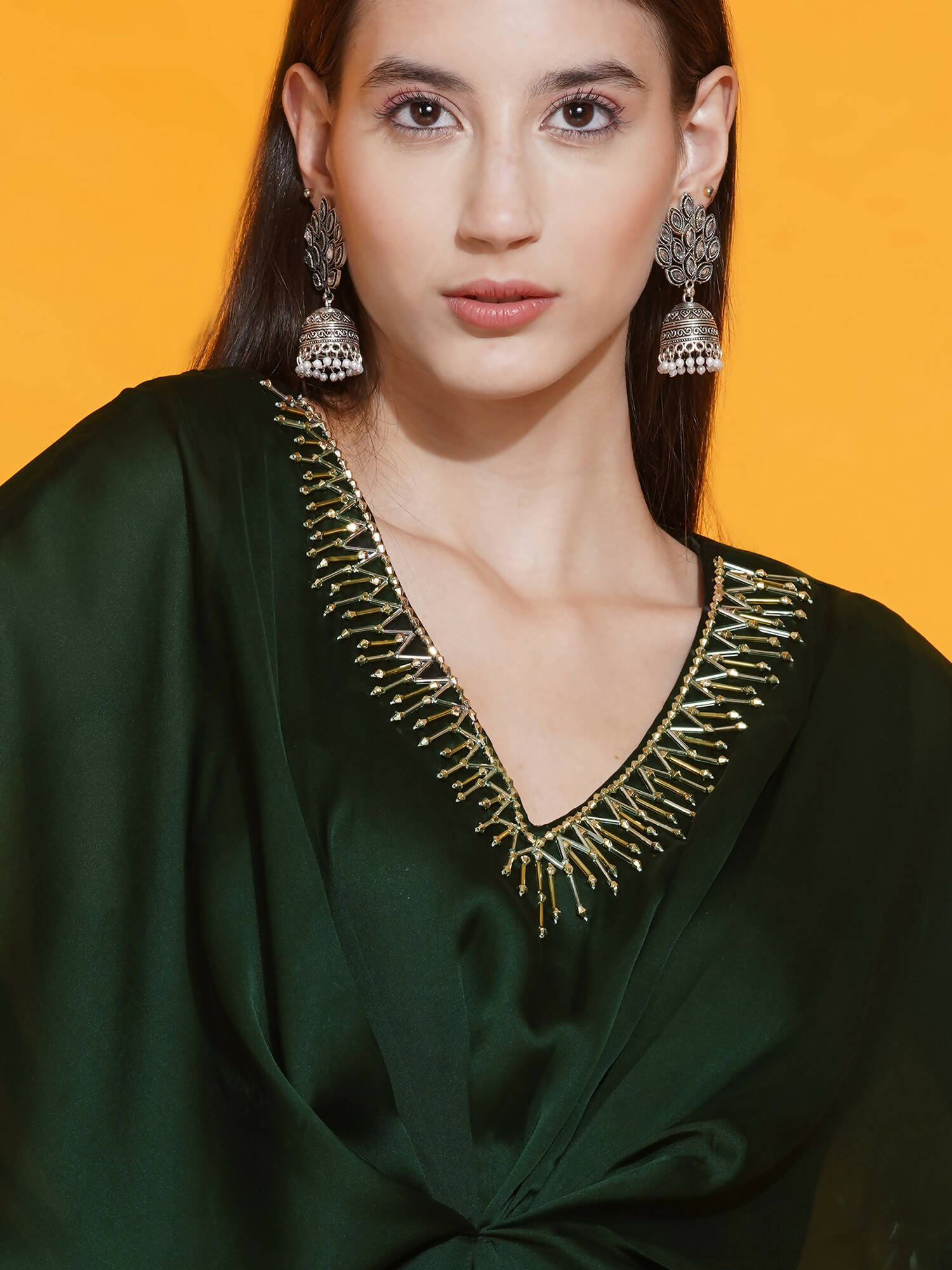 Women Republic Green Georgette Hand Embellished Kaftan Style Gown | Grocsy