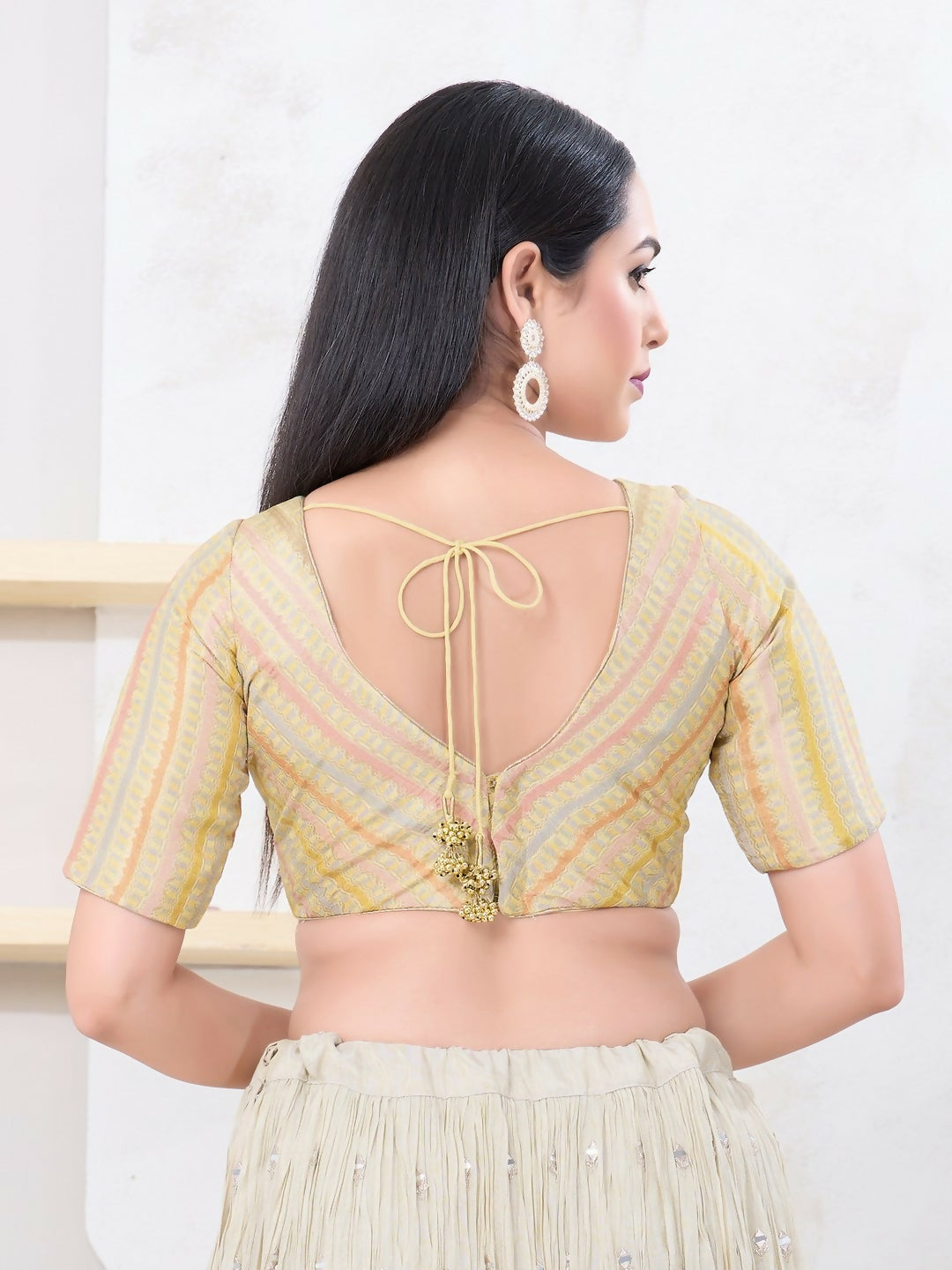 Joban Fashion Gold Jacquard Elbow Sleeveless Back Open Blouse | Grocsy