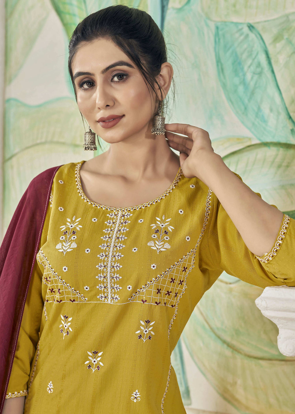 Jyoti Fashion Women's Mustard Pure Viscose Weaving Stripe with Embroidery Kurta Set | Grocsy