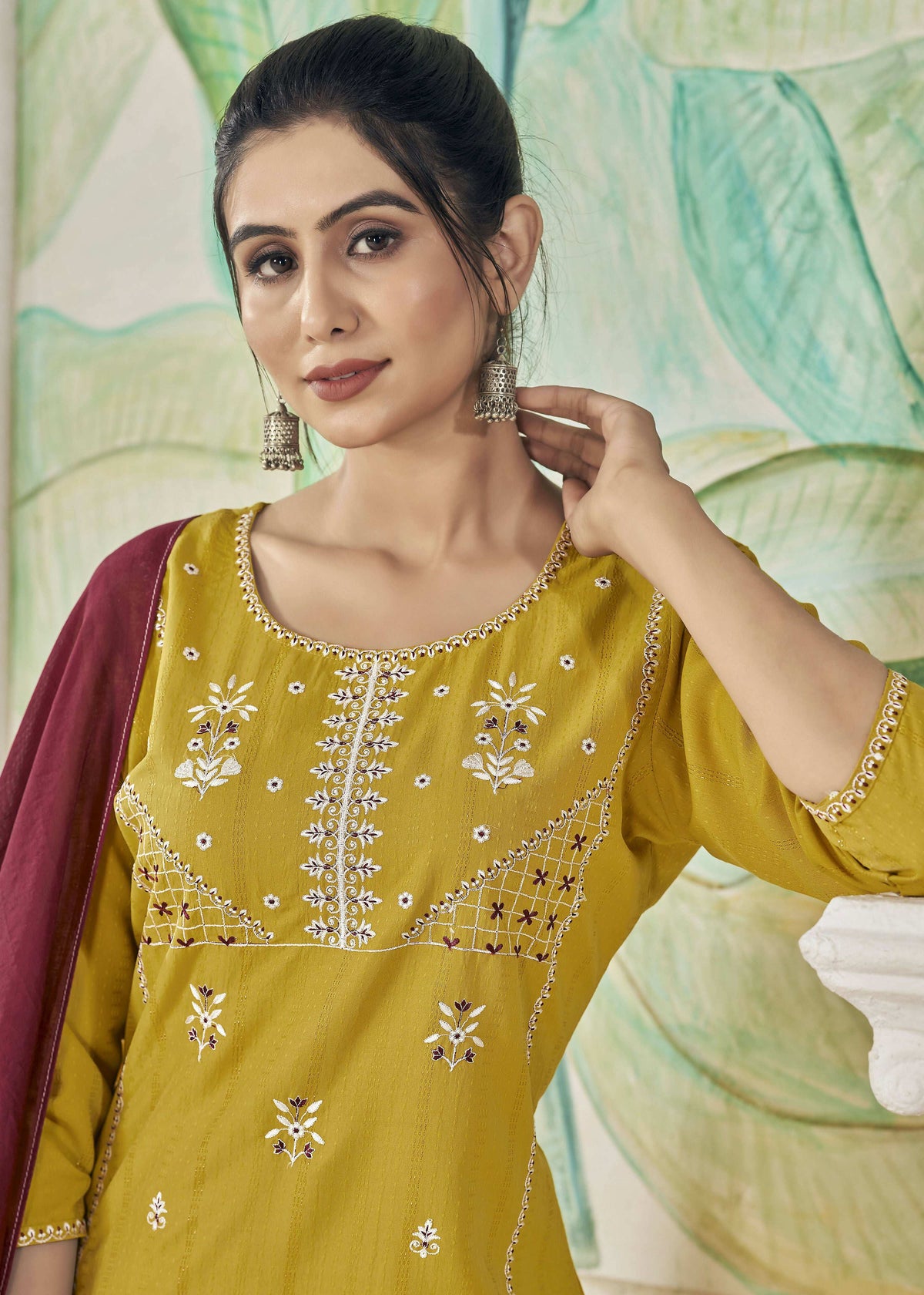 Jyoti Fashion Women's Mustard Pure Viscose Weaving Stripe with Embroidery Kurta Set | Grocsy