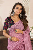 Joban Fashion Coral Pink Paisley & Geomatric Linen Ready To Wear Saree With Unstitched Blouse | Grocsy
