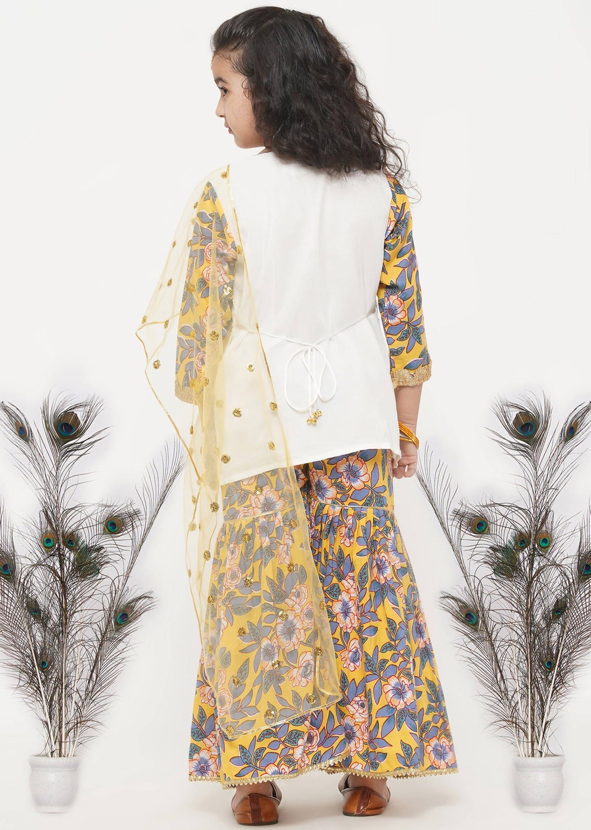 Little Bansi Girls Cotton Embroidery Kurta with Floral Sharara & Dupatta - White & Yellow | Grocsy