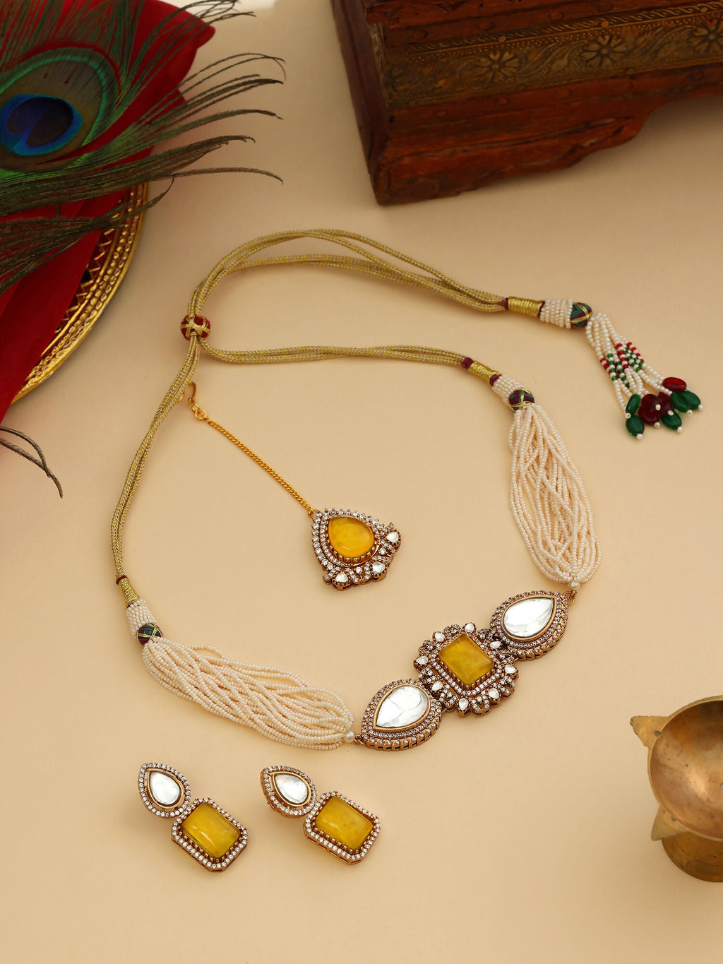 Ruby Raang 22k Gold Polished Green Stone And Moissanite Necklace With Matching Earrings And Maang Tikka | Grocsy