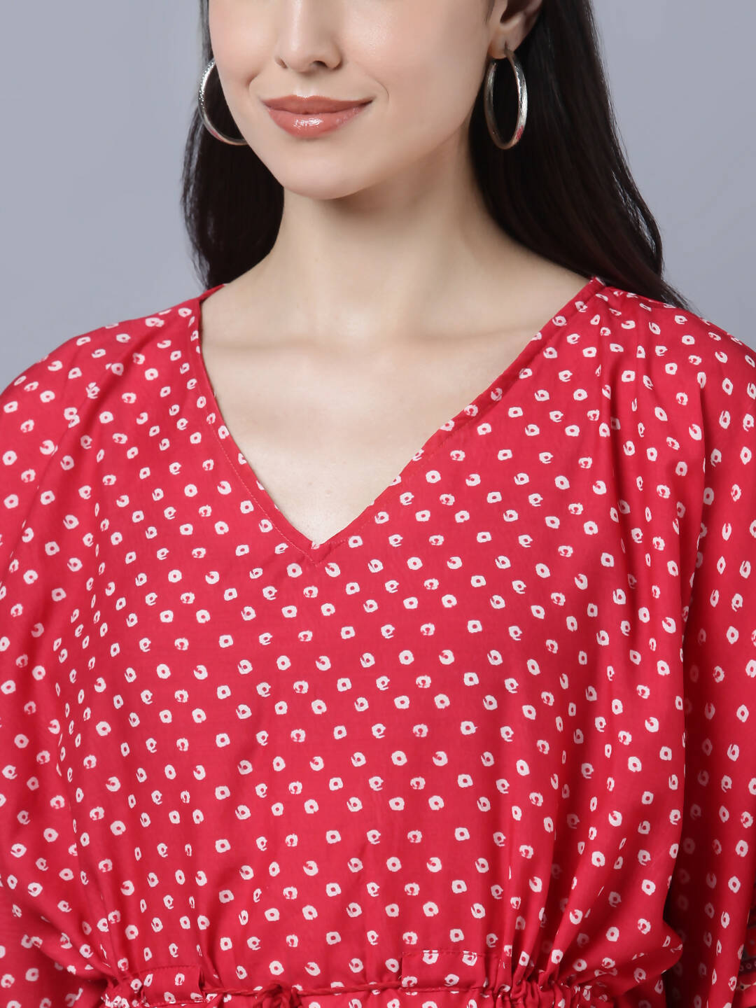 Myshka Women's Red White Ethnic Motifs Printed Kaftan Midi Dress | Grocsy