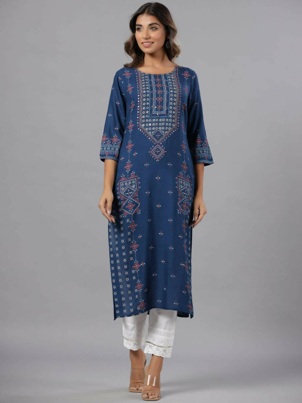 Juniper Women Navy Blue Printed Straight Kurta | Grocsy