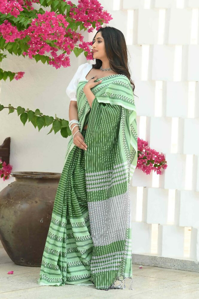 Beatitude Green Cotton Tanchori Handloom Saree | Grocsy