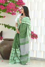 Beatitude Green Cotton Tanchori Handloom Saree | Grocsy