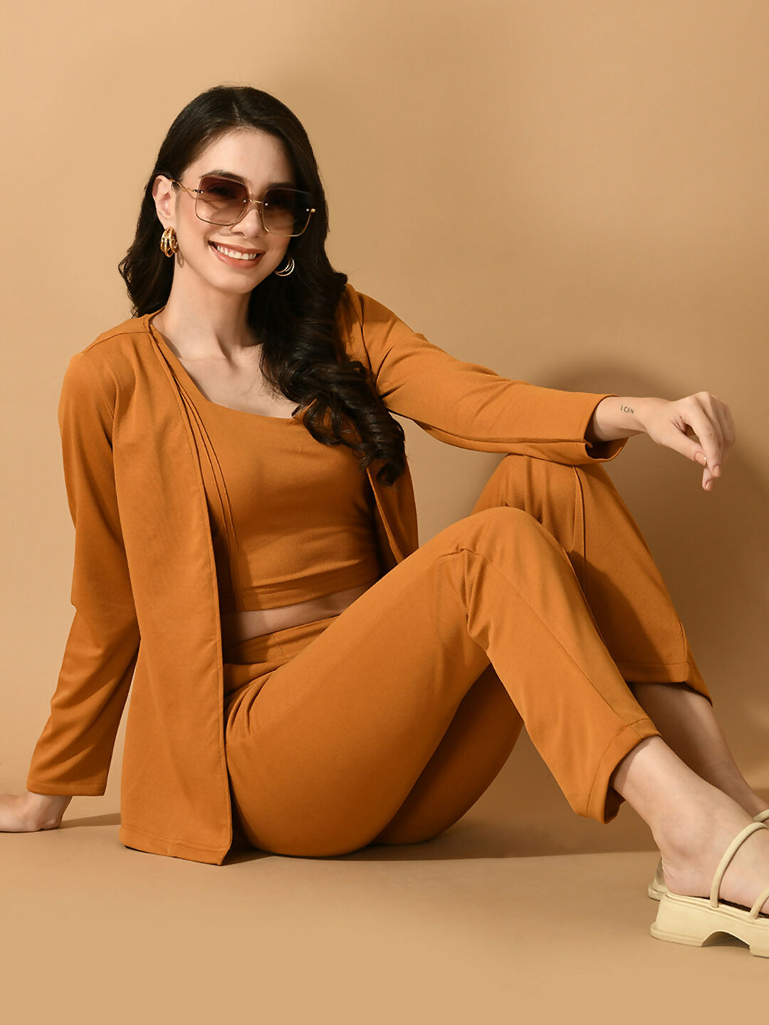 Myshka Women's Mustard Solid Coat With Trousers | Grocsy