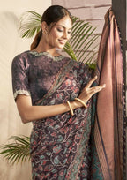 Purple Gajji Silk Floral Print with Hand work Border Saree - Norita Nirvi | Grocsy