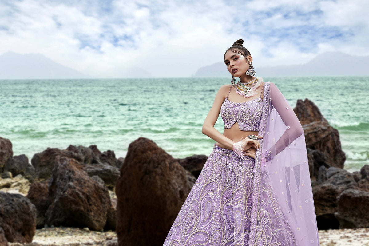 House of Panchhi Mauve Net Multi Sequins with heavy Zarkan embroidery Lehenga choli & Dupatta | Grocsy