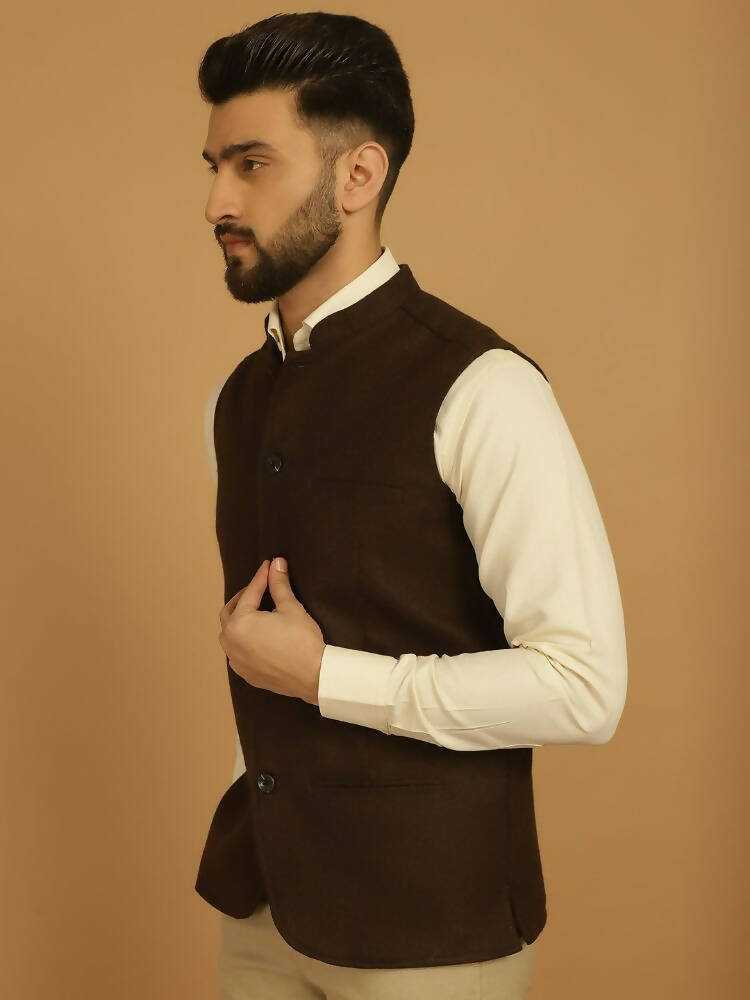 Even Apparels Pure Wool Nehru Jacket - Brown | Grocsy