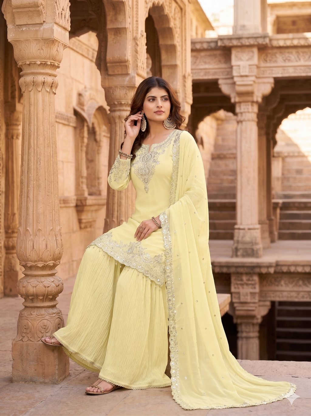Teeya Creation Womens New Georgette Silk With Heavy Embroiedery With Sequence Work Lemon Kurta Set | Grocsy