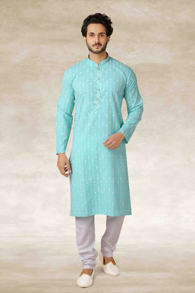 Raivat Ethnic Cotton Printed Work Kurta Pajama In Sky Blue Colour | Grocsy