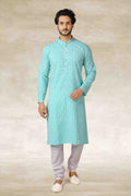 Raivat Ethnic Cotton Printed Work Kurta Pajama In Sky Blue Colour | Grocsy