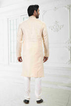 Raivat Ethnic Linen Cotton Thread Work Kurta Pajama In Beige Colour | Grocsy