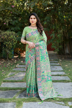 Vastranavya Luxury and Beautiful Soft, Smooth, Flowing Original Pashmina Soft Cotton Saree with Matching Blouse Fabric - Pista | Grocsy