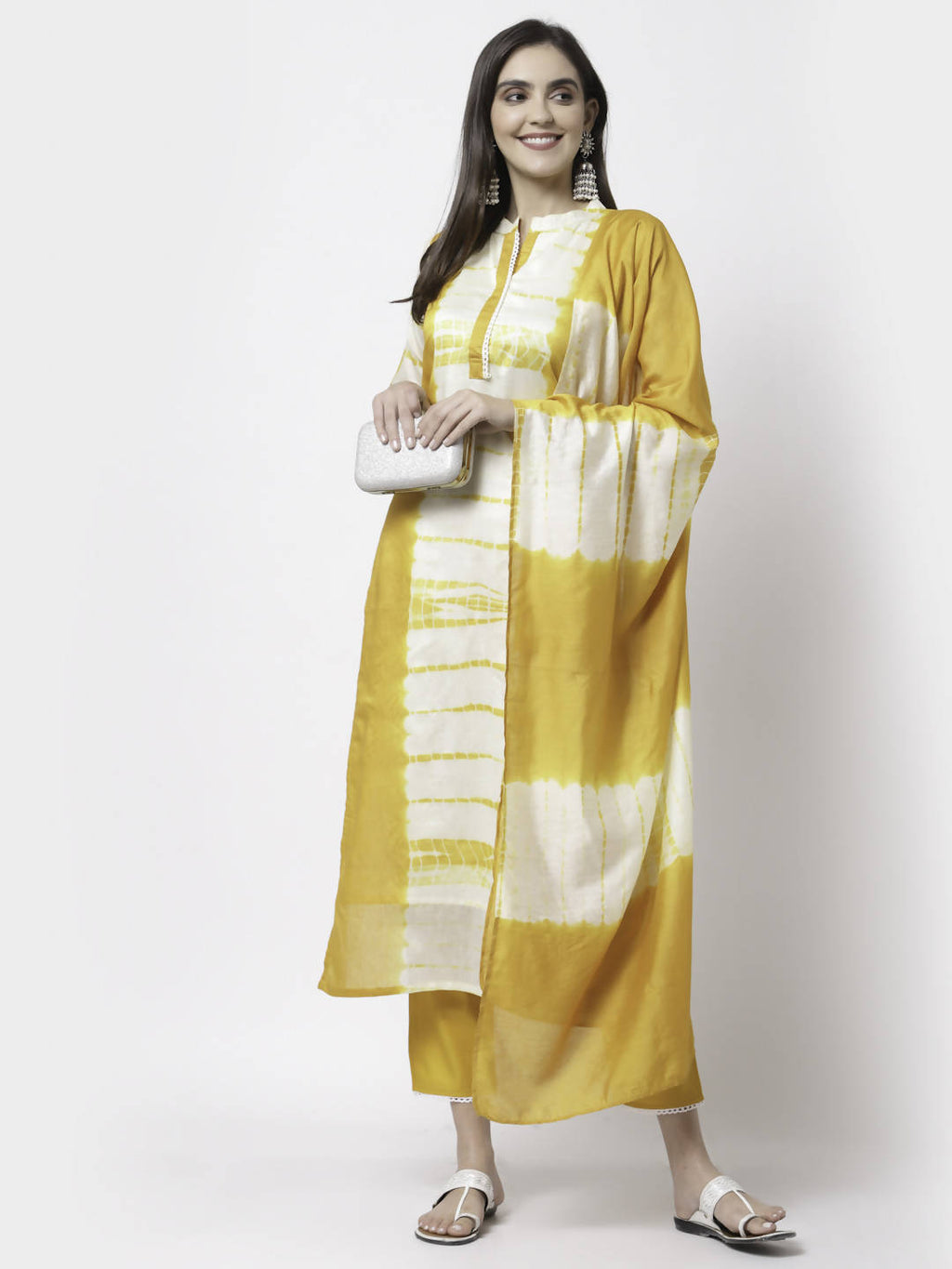 Myshka Women Yellow Viscose Printed 3/4 Sleeve Round Neck Kurta Pant Dupatta Set | Grocsy