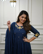 The52 Blue Women's Gorgeous Viscose Fabric Embroidered Work Flared Kurta Pant and Dupatta Set | Grocsy