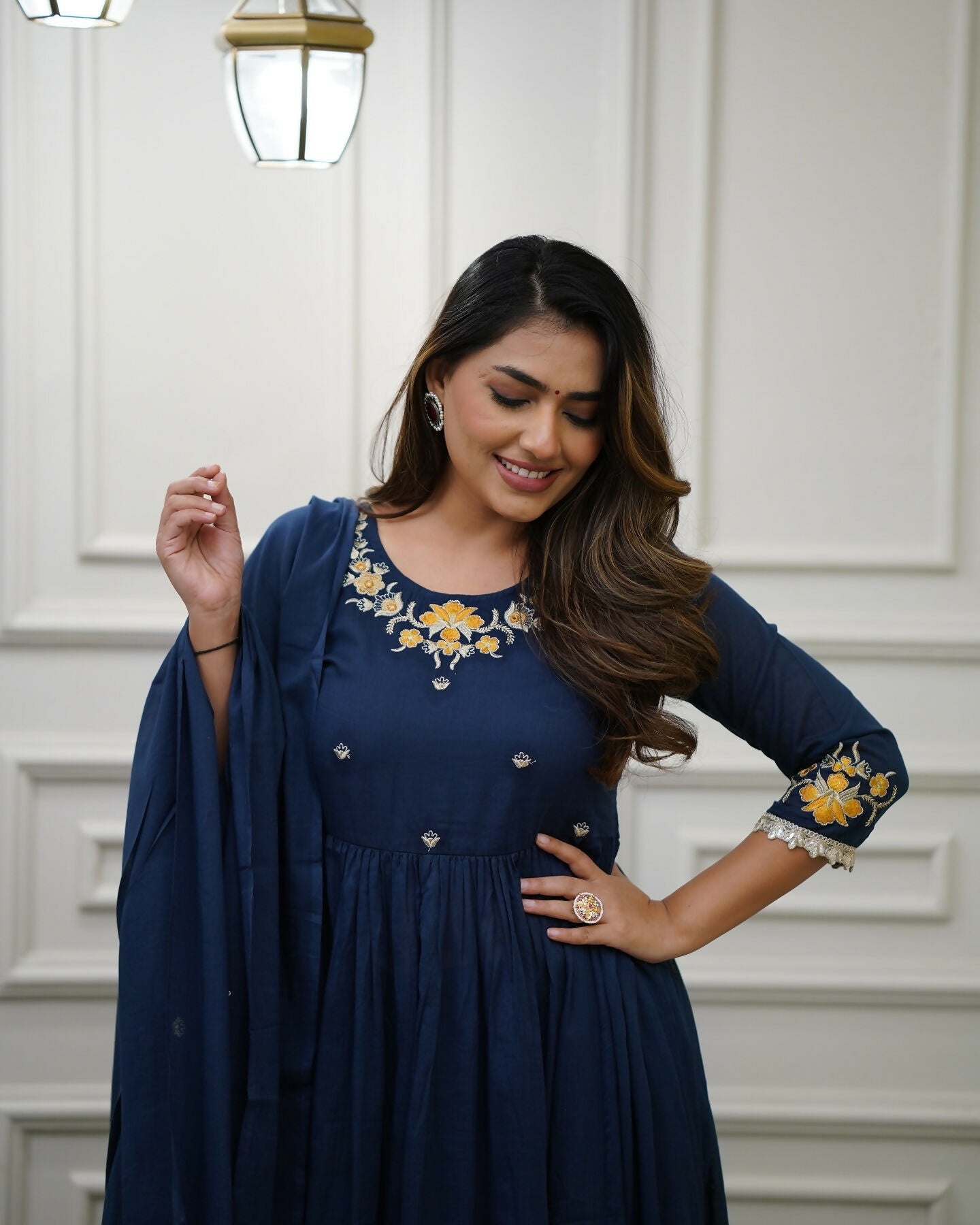 The52 Blue Women's Gorgeous Viscose Fabric Embroidered Work Flared Kurta Pant and Dupatta Set | Grocsy