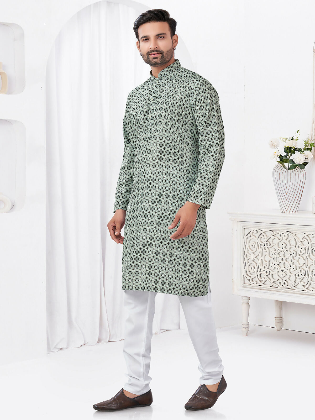 Joban Fashion Men's Rayon Cotton Grey Printed Kurta Pyjama set | Grocsy