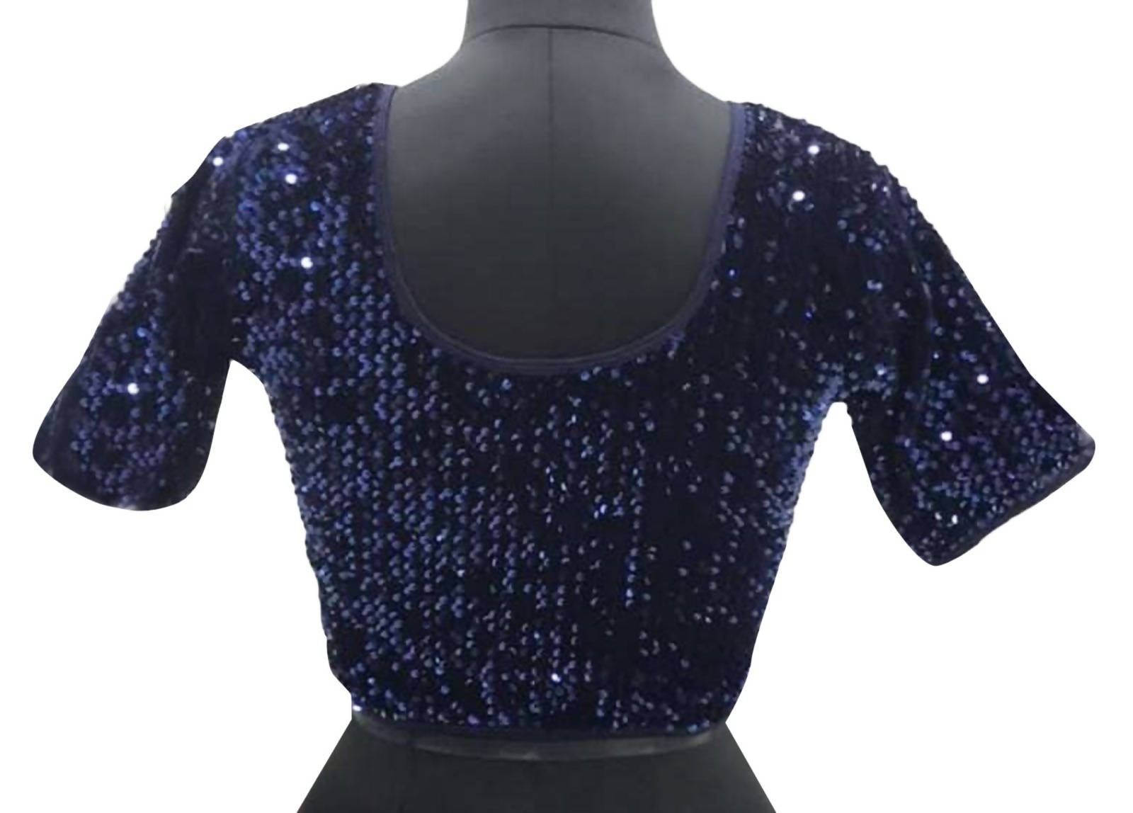 Vamika Navy Blue Velvet Sequence Blouse | Grocsy