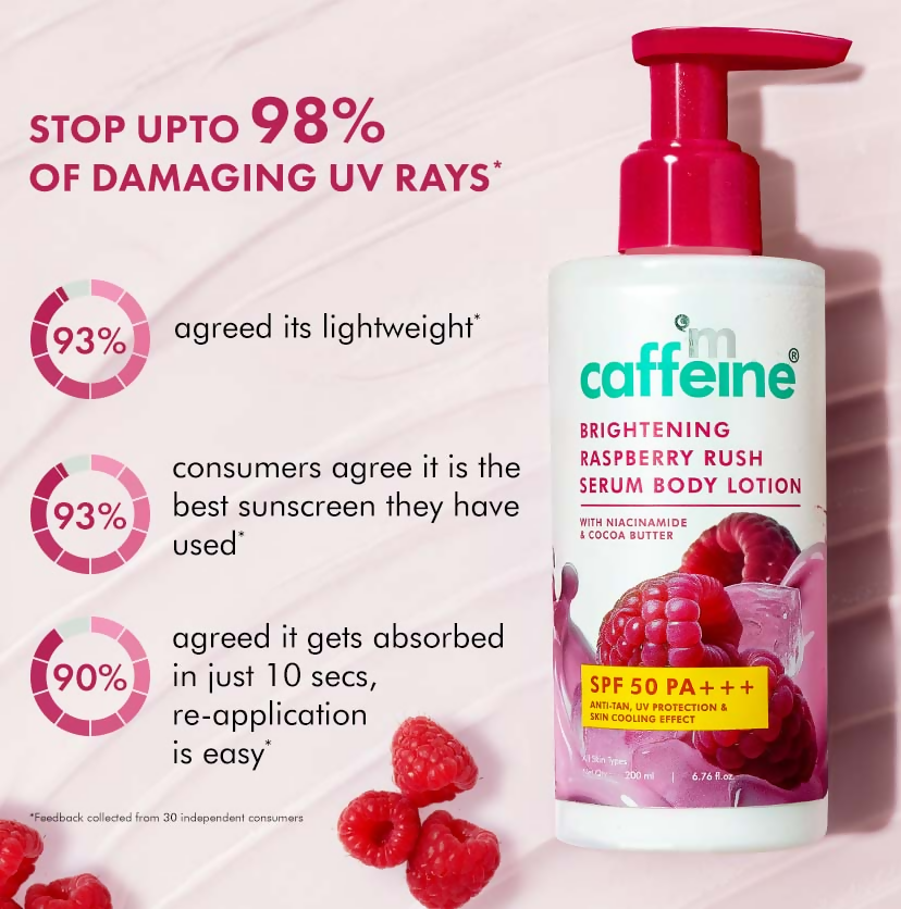 mCaffeine Brightening Raspberry Rush Serum Body Lotion SPF 50 PA+++ | Grocsy