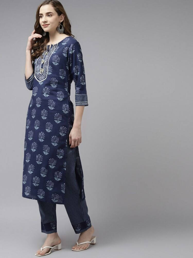 Yufta Women Navy Blue Gotta Patti Pure Cotton Kurta with Palazzo and Dupatta | Grocsy