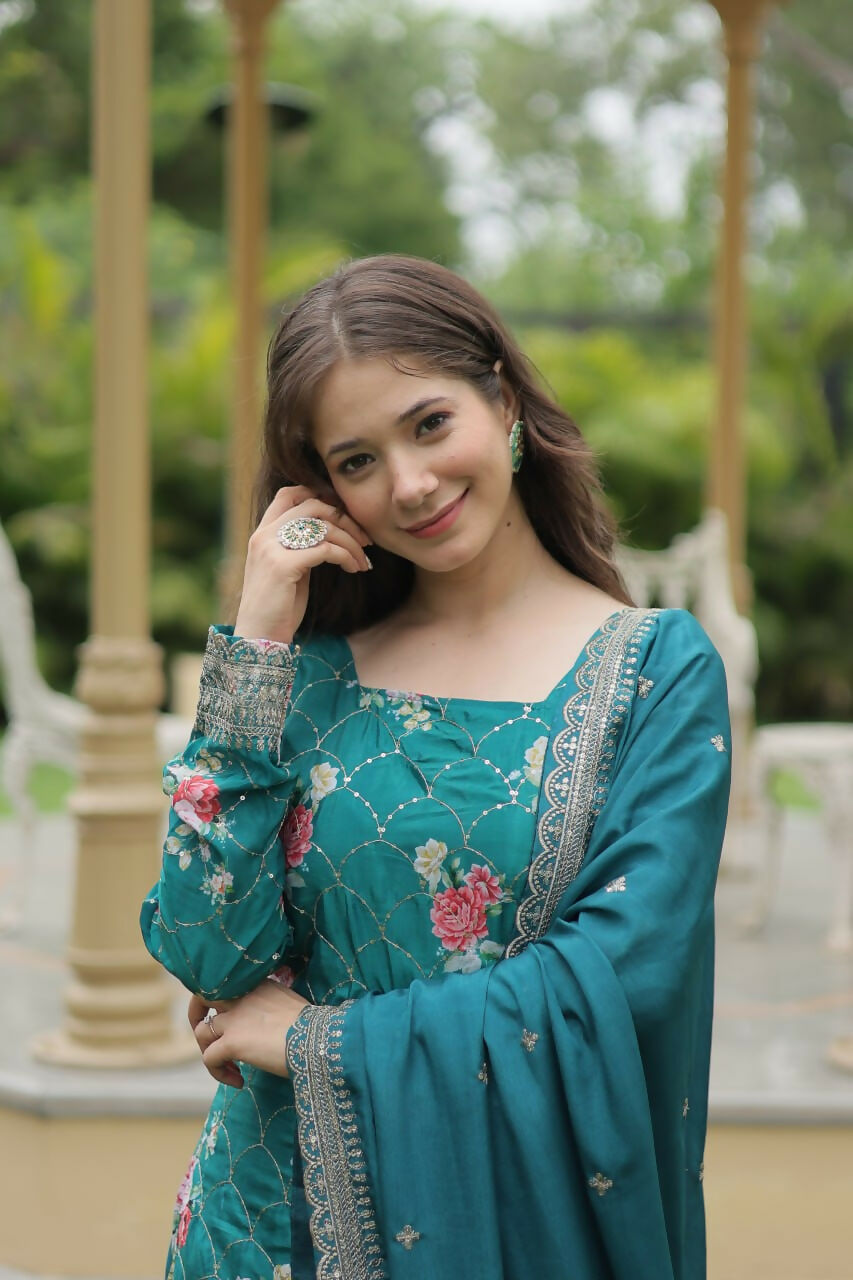 Vastranavya Premium Designer Printed With Sequins & Thread Embroidered work Kurti Palazzo & Dupatta - Firozi | Grocsy