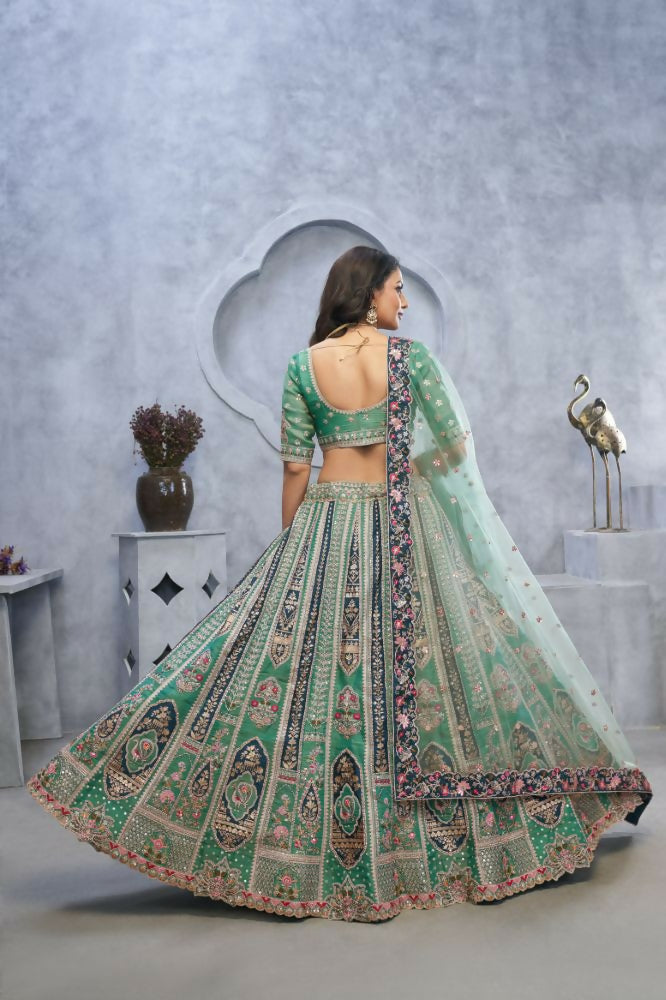 Kesar Fab Green Organza Embroidered Lehenga | Grocsy