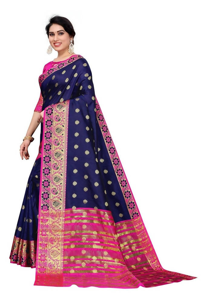 Vamika Cotton Rich Silk With Jacquard Weaving Navy Blue Saree | Grocsy