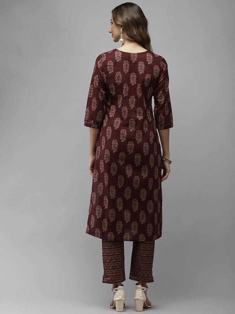Yufta Women Maroon Ethnic Motifs Regular Sequinned Pure Cotton Kurta with Trouser | Grocsy
