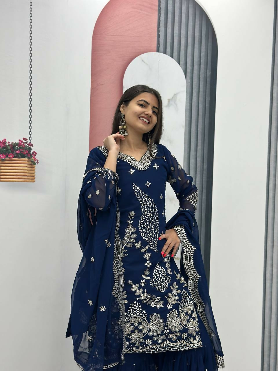 Teeya Creation Womens New Heavy Fox Georgette Fabric With Heavy Embroidery Work Dark-Navy-Blue Kurta Set | Grocsy