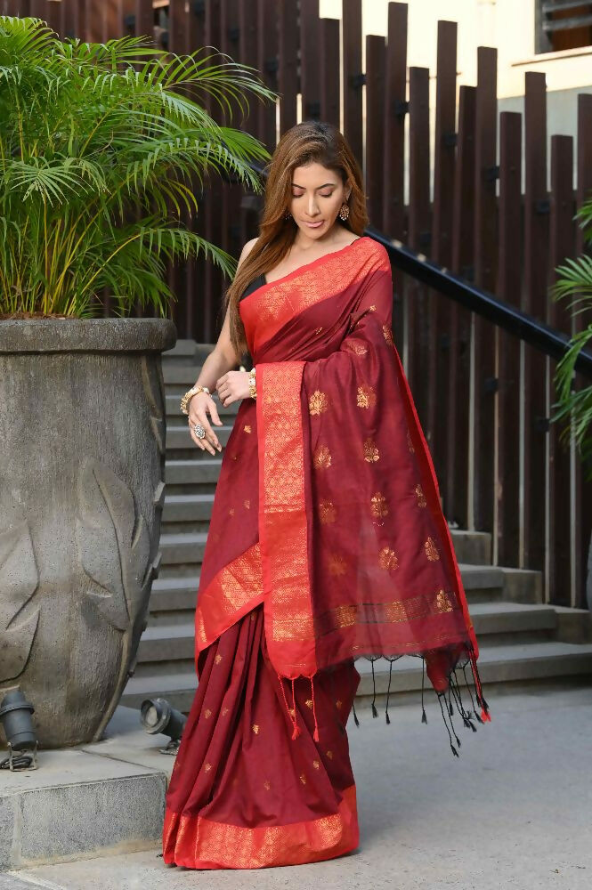 Beatitude Red Cotton Banarasi Saree | Grocsy