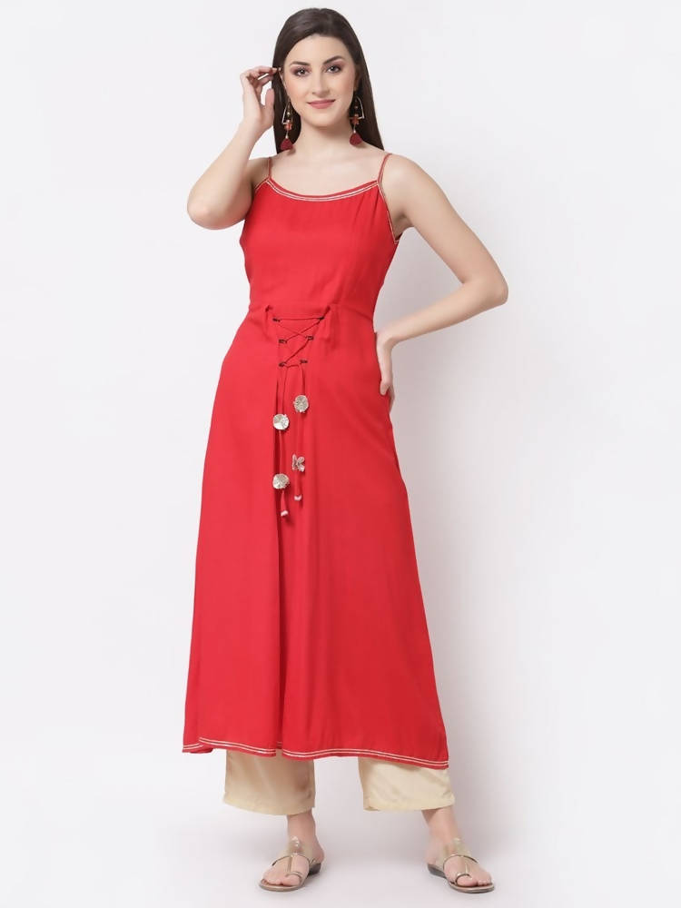 Myshka Red Color Silk blend Solid Kurta With Dupatta Set | Grocsy