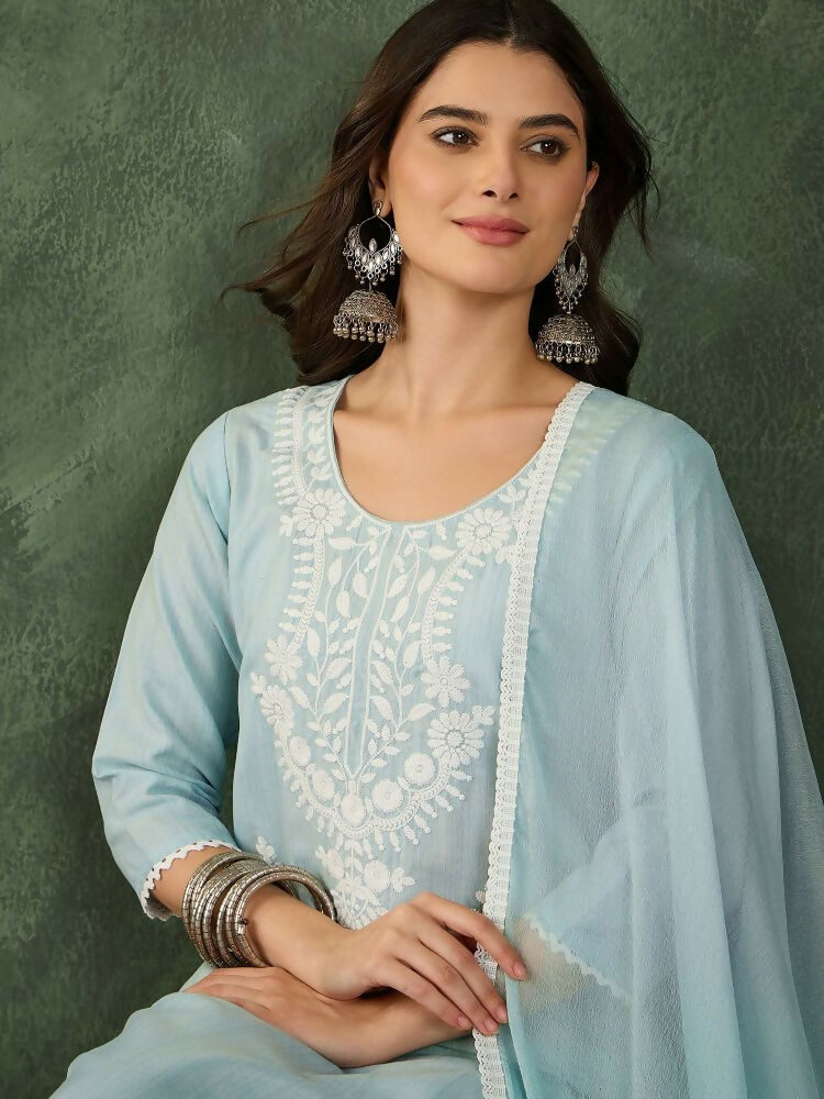 The52 Women's Beautiful Thread Work Cotton Blend Fabric Straight Kurta Pant and Dupatta Set | Grocsy