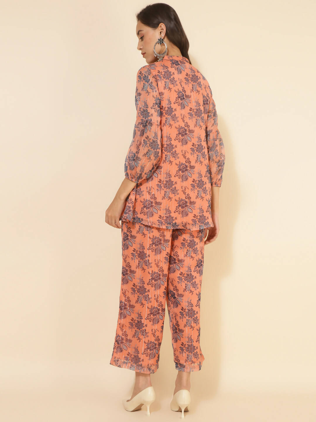 Janasya Women's Peach Chiffon Lurex Floral Printed Festive Regular Co-ords | Grocsy