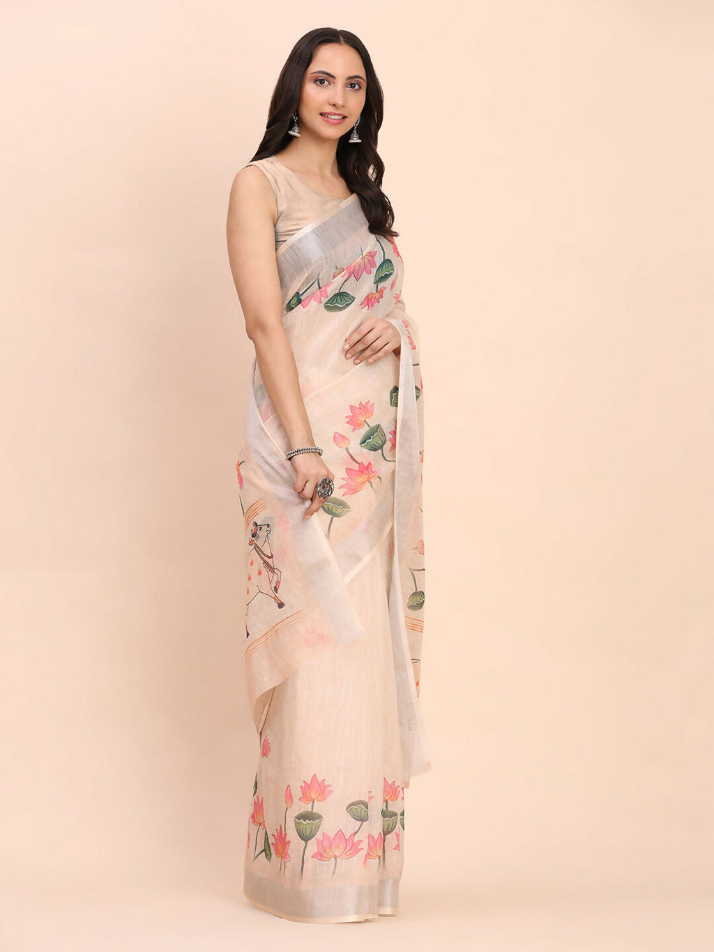Shree Shyam Fashion Linen Cotton Peach Saree | Grocsy