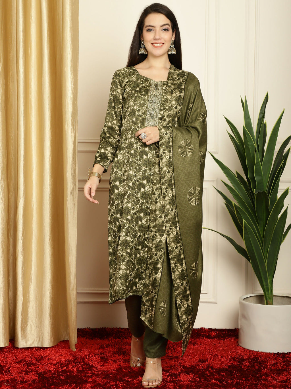 Jyoti Fashion Women's Green Pashmina Floral Digital Printed Kurta with Trouser & Dupatta | Grocsy
