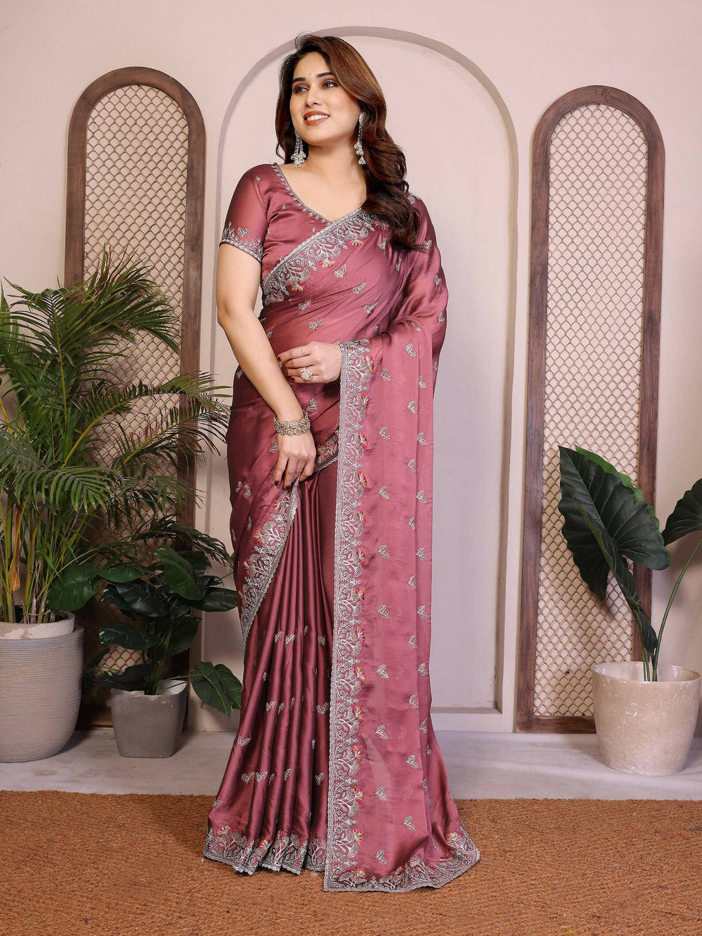 Teeya Creation New Trendy Stylish Party Wear Silk Saree-Beige | Grocsy