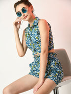 Myshka Women's Blue Printed Top With Shorts | Grocsy