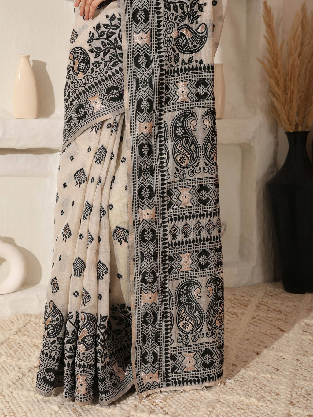 Shree Shyam Fashion Linen Cotton Black & Cream Saree | Grocsy