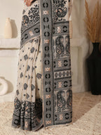 Shree Shyam Fashion Linen Cotton Black & Cream Saree | Grocsy