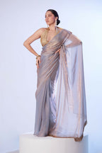 Lavender Satin Gold Organza Solid Designer & Lace Work Saree - Samaa | Grocsy