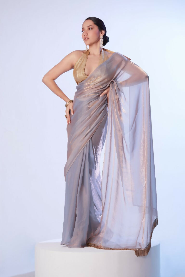 Lavender Satin Gold Organza Solid Designer & Lace Work Saree - Samaa | Grocsy