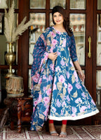 Miravan Women's Flower Printed Blue Anarkali Kurta And Dupatta | Grocsy