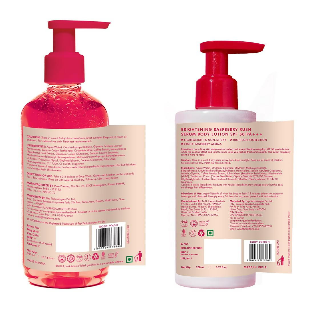 mcaffeine All Skin Brightening SPF 50 PA+++ Sunscreen Body Lotion & Wash Raspberry Combo Kit | Grocsy