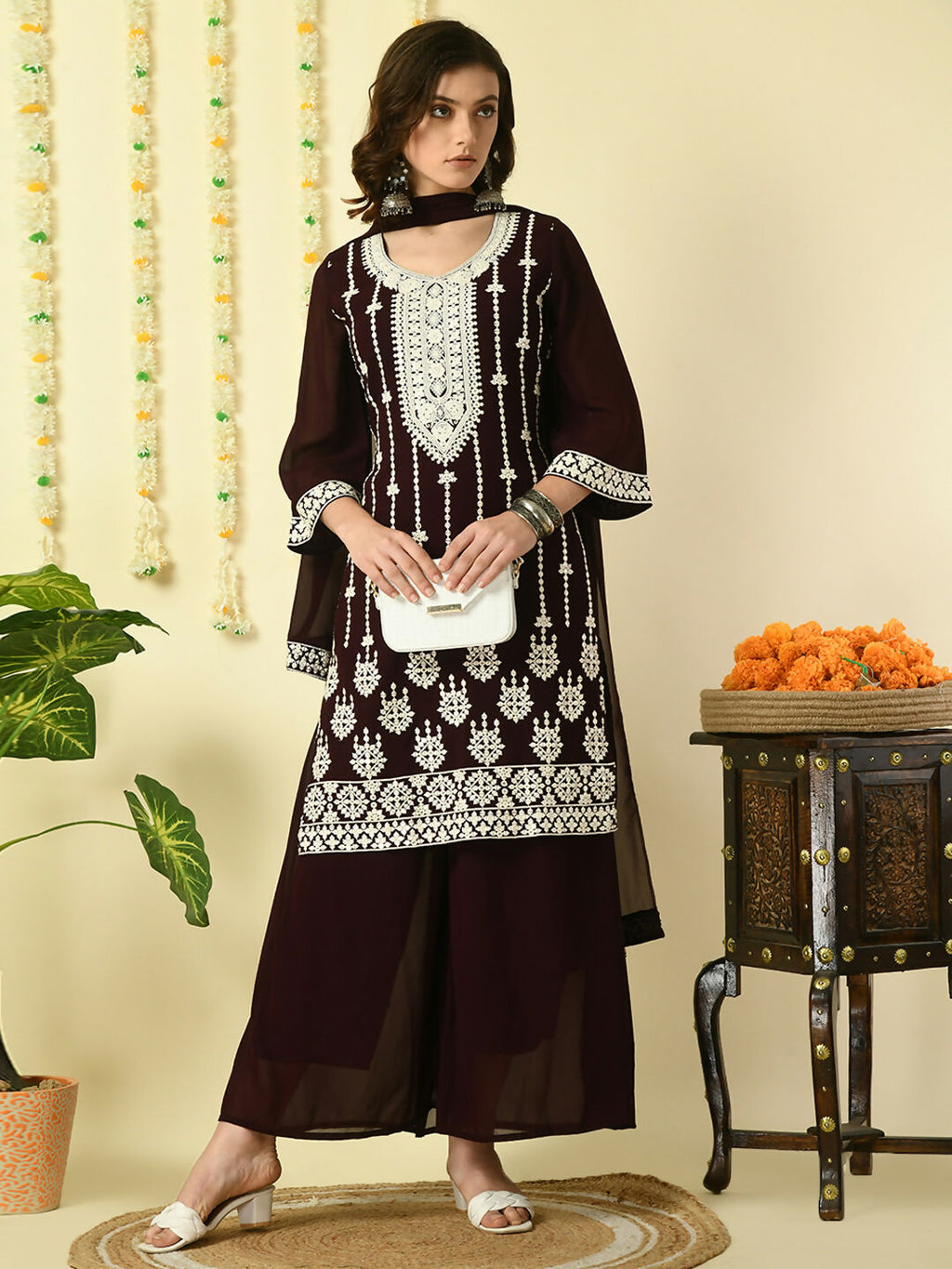 Myshka Women's Coffee Brown Georgette Kurta & Palazzos With Dupatta Party Sets | Grocsy