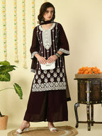 Myshka Women's Coffee Brown Georgette Kurta & Palazzos With Dupatta Party Sets | Grocsy