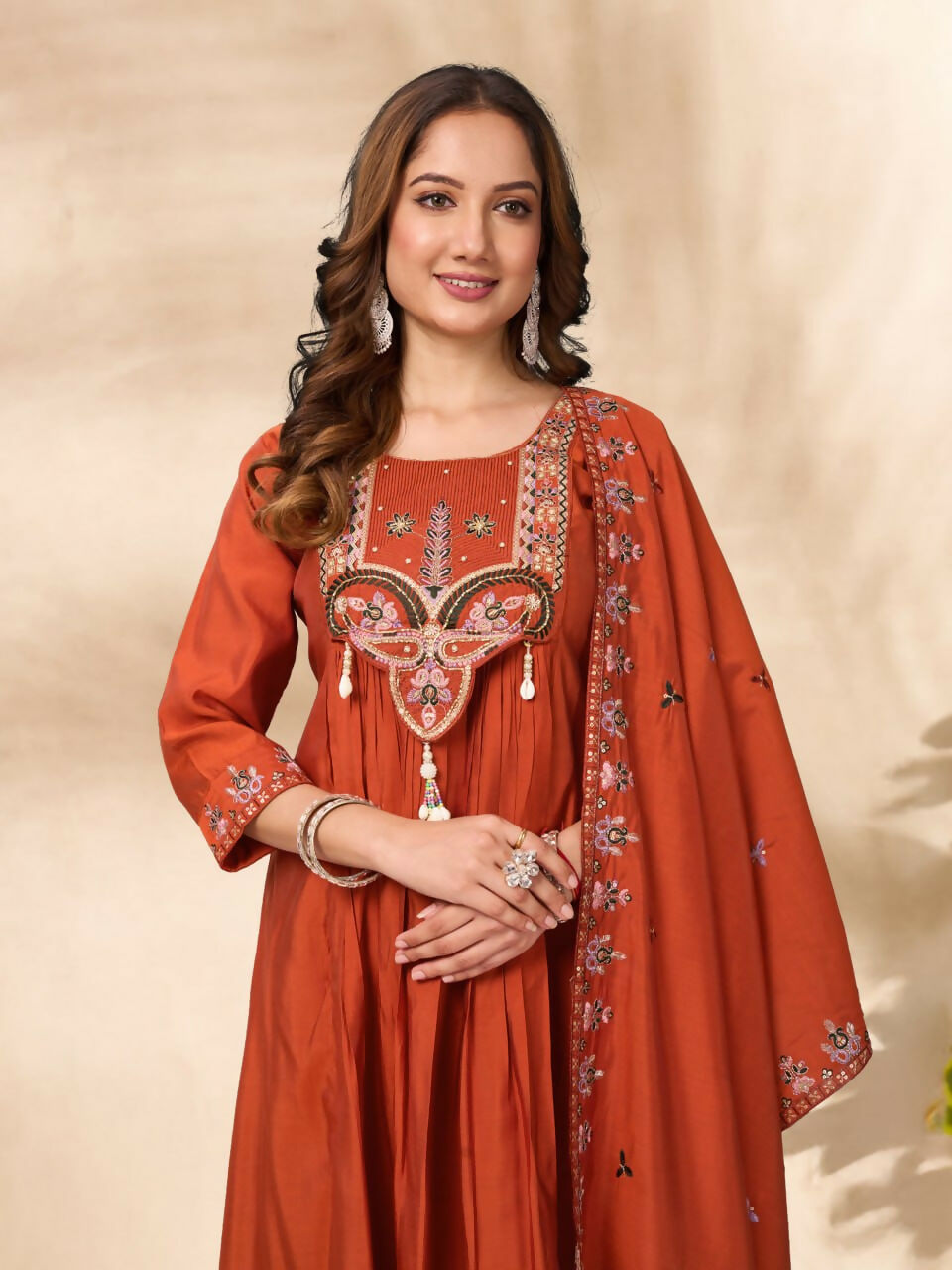 Lehenga Mart Designer Anarkali Suit With Kurta, Pant, Dupatta For Women-Rust Orange | Grocsy