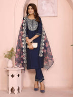 Joban Fashion Women Navy Blue Roman Embroidery Stitched Kurta Set | Grocsy